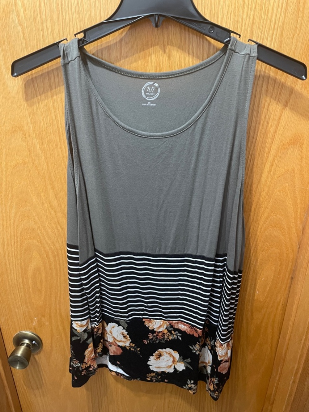 Maurices Gray Striped Tank with Black Floral Hem